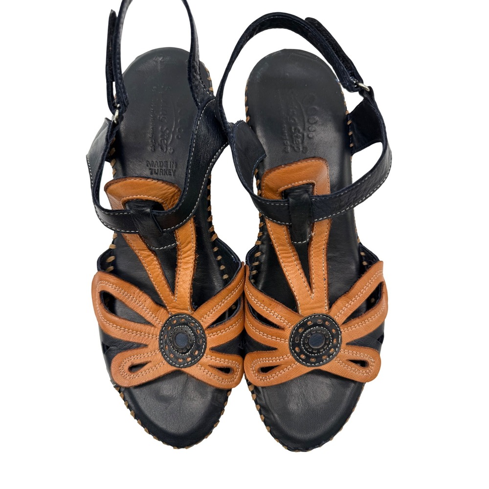 Spring Step Wedge Sandals Womens 42 Navy Tan Excellent Leather Cutout Floral